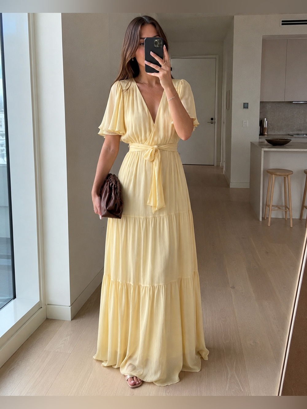 ba&sh Natalia Yellow Pleated Wrap Tiered Maxi Dress Flutter Sleeve M